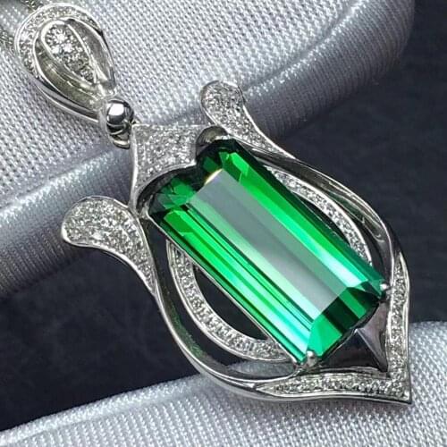 Fine Jewelry Real 18K Gold 100% Natural Green Tourmaline 7.9ct Female Diamonds Gemstone Diamond Womens Pendants Necklaces