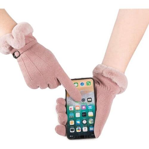 Winter Female Warm Suede Leather Cashmere Elastic Button Mittens Thick Plush Wrist Women Touch Screen Driving Gloves J100