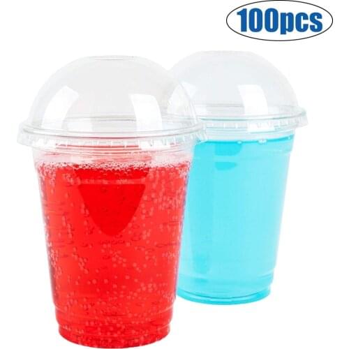 100pcs Disposable Plastic Cups With Dome Lids Fruit/ice Cream/cupcake/iced Cold Drinks Cup Clear Party Drink Cup
