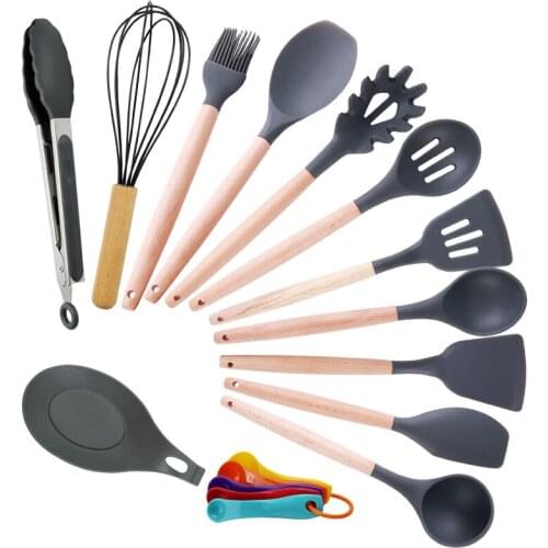17pcs/set Kitchen Silicone Cooking Tools Utensil Gadgets Silicone Wooden Handle Spoon Bush Ladle Nonstick Cookware Baking Tools