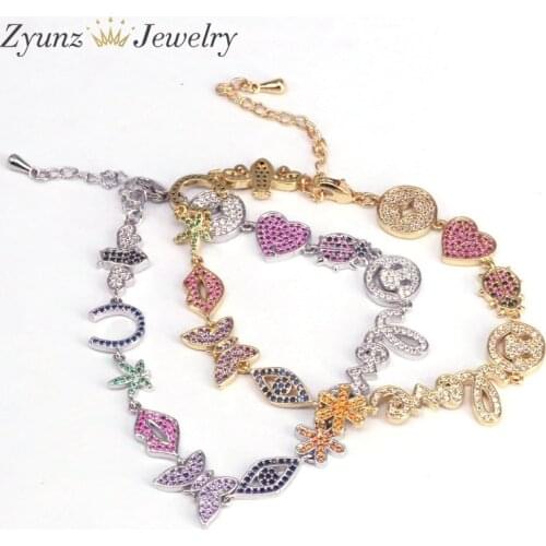 3PCS, Fashion women jewelry Gold / Silver color rainbow cz lip butterfly heart lovely lucky charm bracelet
