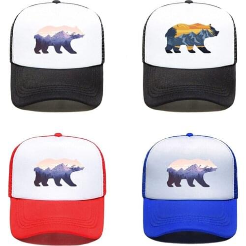 Printed Baseball Cap Custom Logo Hat Bear Cartoon Mountains Men Women Boy Girls Simple Casual Black Mesh Cap Wholesale