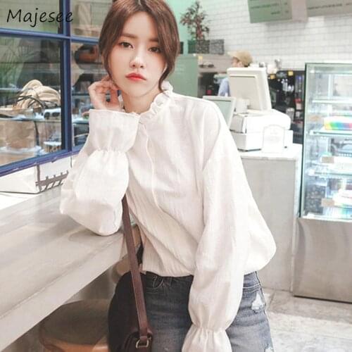 Shirts Women Harajuku Clothes Elegant Flare Sleeve Womens Tops and Blouses White Solid Casual Blouse Females Retro Clothing Soft