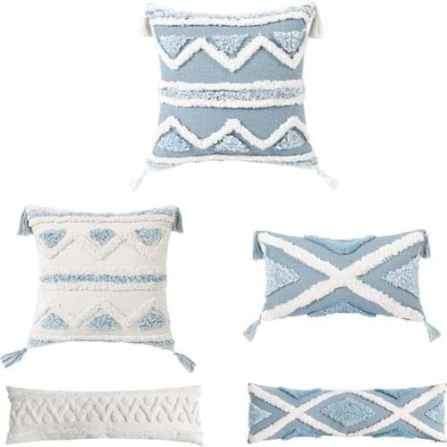 Bohemian Macrame Tufted Tassel Long Throw Pillow Case Blue Beige Textured Fringe Tribal Decorative Cushion Cover