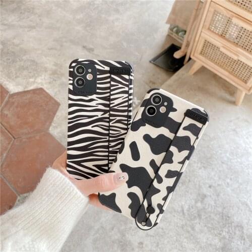 Wrist Strap Zebra Leopard Pattern PU Leather Phone Cases For iPhone 12 11 Pro XS MAX XR X 7 8 Plus SE 2020 Cover Hand Band Women