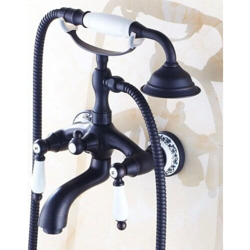 Black Oil Rubbed Brass Double Ceramic Handles Wall Mounted Claw Foot Bathroom Tub Faucet Mixer Tap With Handshower mtf532