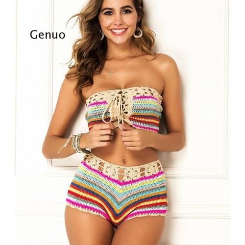 Colorful Striped Strapless Crochet Tube Crop Top and Skirt Summer Beach Women 2 Piece Set Dress Girls Bikini Beachwear