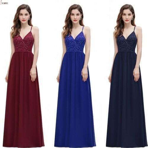 Long Burgundy Chiffon Bridesmaid Dresses 2020 Sequins Wedding Party Gown V Neck Sleeveless Maid Of Honor Robe