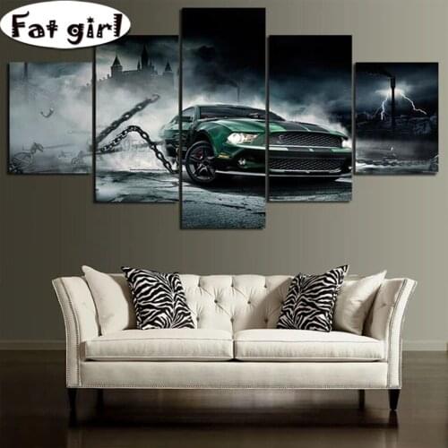 Home Art Decor 5 Panel Green Sports Car Diy 5D Diamond Painting Cross Stitch Kits Full Drill Embroidery Mosaic Handmade Gifts