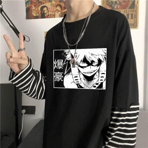 My Hero Academia Bakugo Katsuki T-shirt Summer Harajuku Japan Anime Streetwear Cartoon Summer Long Sleeve Fake Two Piece Tees
