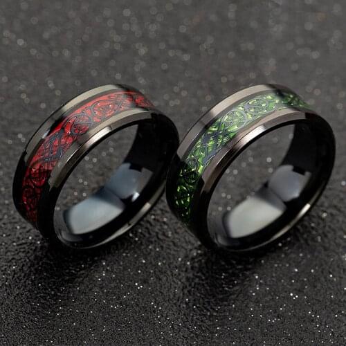 Stainless Steel Dragon Ring Red Green Carbon Fiber Black Dragon Inlay Comfort Fit For Men Wedding Band Ring Fashion jewelry