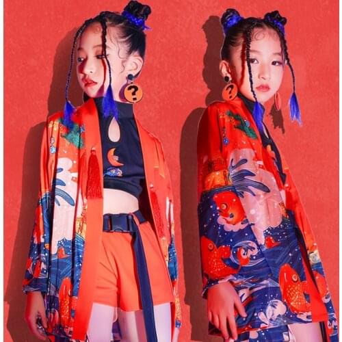 Chinese Style Costumes For Girls Hip Hop Jazz Performance Clothing Red Long Sleeves Suit Rave Modern Stage Outfit DNV14006