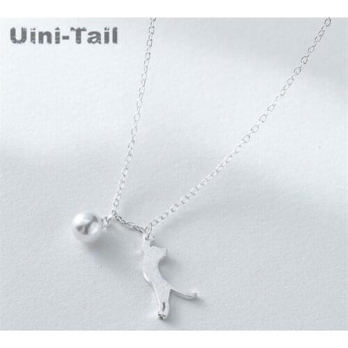 Uini-Tail hot new 925 sterling silver cute kitten pearl clavicle chain Korea simple fashion wild tide flow Valentines Day gift