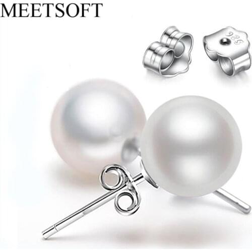 MEETSOFT Silver Plated Prevent Allergy Fashion Stud Earrings for Women Design Trendy Pearl White Ball Small Round Jewelry Gift