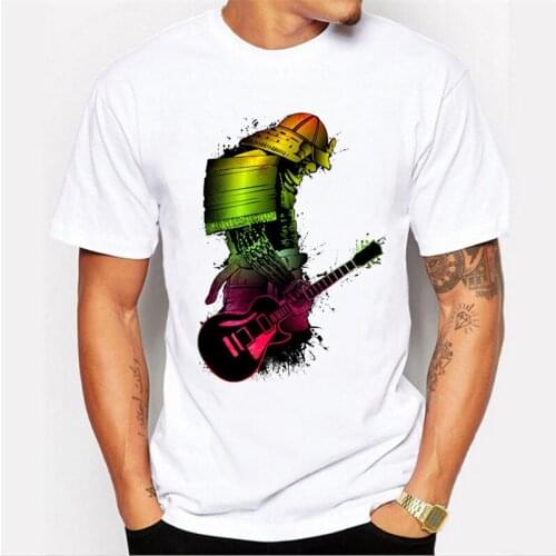Mens casual simple white T-shirt Red guitar green armor samurai print cool summer tops