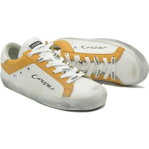 CANGMA Luxury Brand Retro Men Sneakers Original Casual Shoes Yellow White Genuine Leather Bass Man Shoe Male