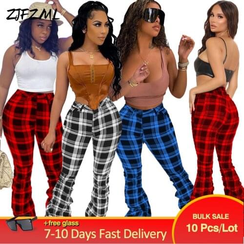 Bulk Wholesale Lots Womens Plaid Long Trouser Hip-hop All-match Ins Bell Bottom Sweatpant Early Bodycon Pant Joggers Women