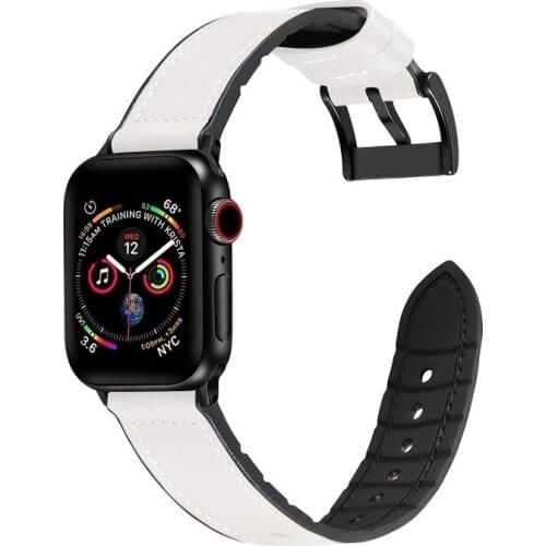Sweat proof Genuine Leather and Rubber Hybrid Strap for Apple Watch 44mm 42mm Compatible for Iwatch Series Band 38mm 40mm Buckle