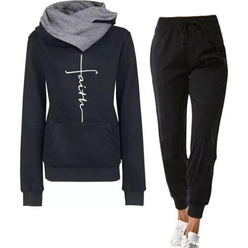 Spring Autumn Tracksuit Women Print Hooded Pullover Hoodies and Elastic Waist Sports Pants Casual Outfits Suit Female Clothes