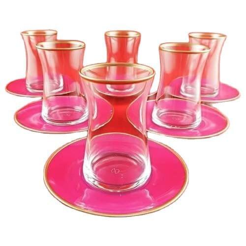 Turkish Tea Cup Pasabahce Heybeli Handmade Fuchsia with Gold Plate 12 Piece Tea Team