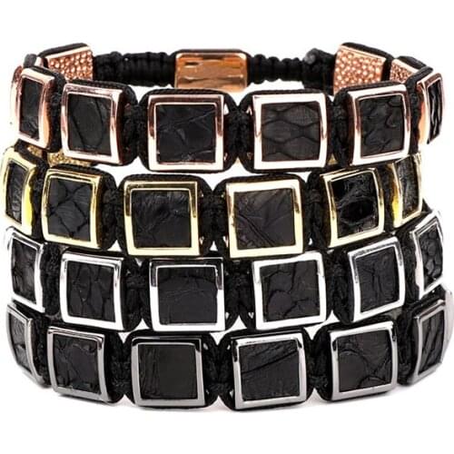Unique Design High Quality Black Leather Brass Square Beads Woven Macrame Bracelet For Men Women