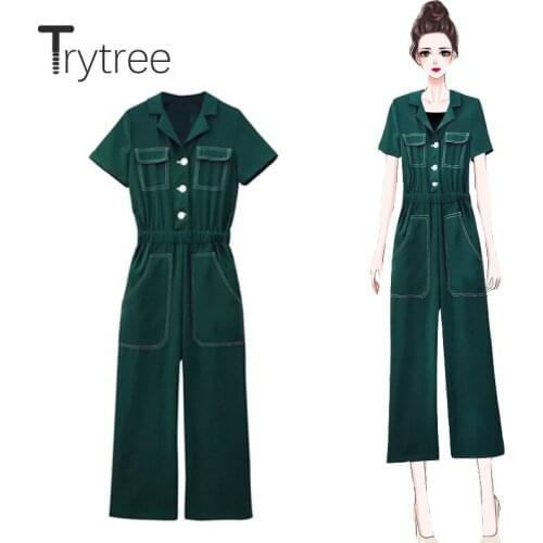 Trytree 2020 Summer Women Casual Rompers Turn-down Collar Button Solid Green Fashion Loose Office Lady Wide leg pants Rompers