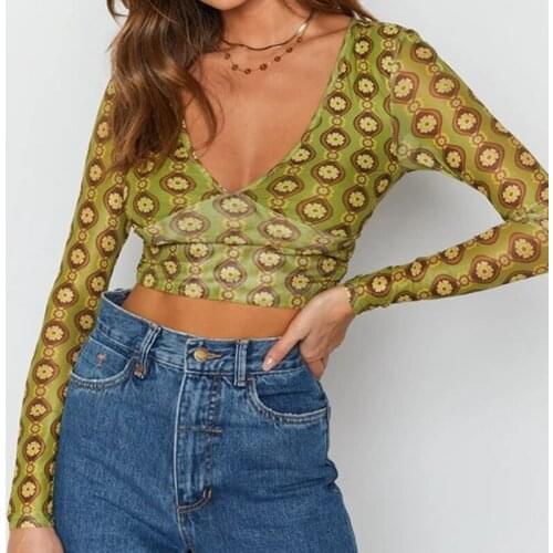 Female Crop Tops Floral Print Deep V-Neck Long Sleeve Sexy Backless Blouse for Summer Autumn Green S M L