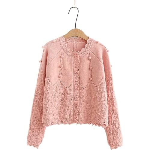 Pink Jacquard Women Knit Cardigan 2021 Winter Single Breasted Ruffled Collar Knitwear Korean Fashion Warm Soft Jumpers Tops