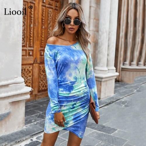 Liooil Sexy Tie Dye Mini Dress Women 2020 Ruched Asymmetric Long Sleeve O Neck Female Autumn Streetwear Print Skinny Dresses