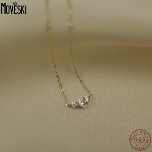 MOVESKI 925 Sterling Silver Plated14k Gold Korean Retro Simple Three Zircon Pendant Necklace Women Exquisite Temperament Jewelry