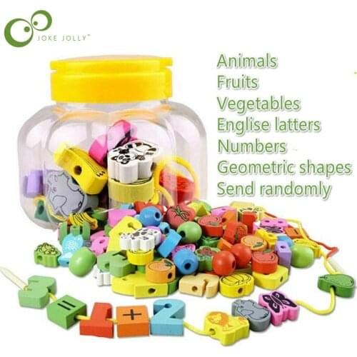 26pcs/lot Wooden Animal Fruit Block stringing beaded Toys For Children Learning & Education Colorful Products Kids Toy GYH