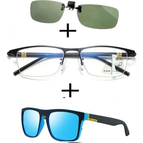 3Pcs!!! Progressive Far and Near Business Reading Glasses for Men Women + Polarized Sunglasses Squared + Sunglasses Clip
