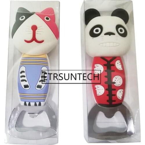 50pcs PVC Soft Plastic Cartoon Bottle Opener Creative Cute Panda Cat Stainless Steel Beer Opener Party Favor Gift