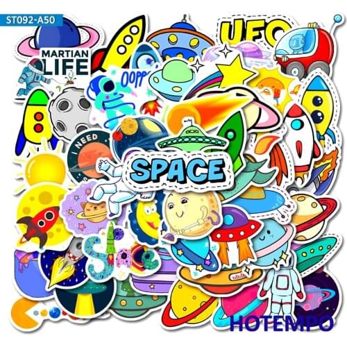 50pcs Rocket Ship Planet Outer Space Alien UFO Astronauts Cartoon Stickers for Kids Toys Notebooks Phone Laptop Luggage Sticker