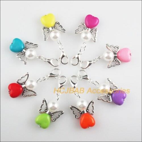 8 New 18x27mm Angel Charms Mixed Heart Acrylic Tibetan Silver Tone Retro With Lobster Claw Clasps