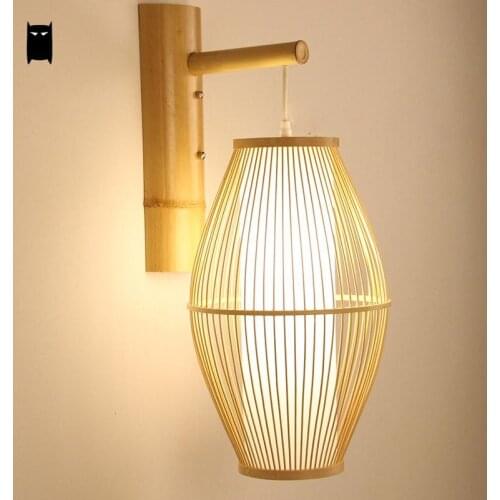 Bamboo Wicker Rattan Lantern Shade Wall Lamp Fixture Rustic Country Asian Japanese Sconce Light Home Bedroom Living Room Hallway