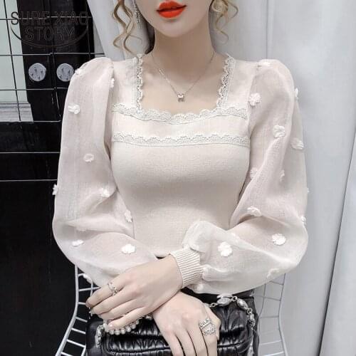 French Square Collar Sweet Lace Blouse Women Flower Lantern Sleeve Elegant Shirts Spring Autumn Vintage Crochet Lace Tops 15995