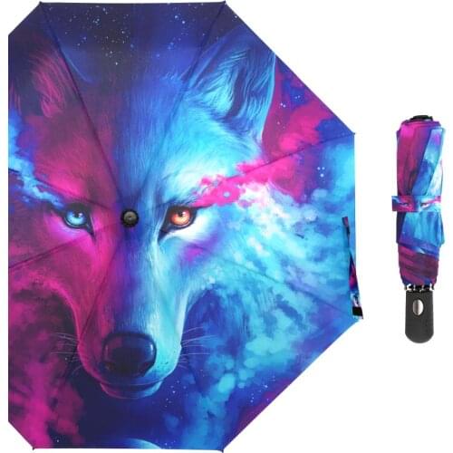 Creative Blue Wolf Children Umbrella Windproof Fully Automatic Umbrellas Female Travel Folding Umbrella for Men Quick Drying