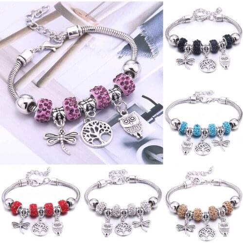Dropshipping Tree of Life Dragonfly Charm Bracelets Crystal Beads Bracelet Women DIY Beads Brand Bracelets&Bangles Jewelry Gift