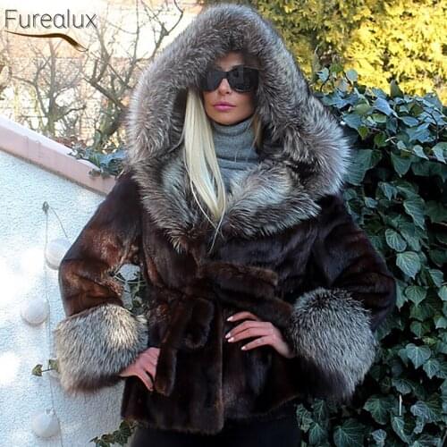 FUREALUX Womens Natural Real Mink Authentic Fur Coat With Fox Fur Collar Winter New Trend Clothing Support Wholesale Purchase