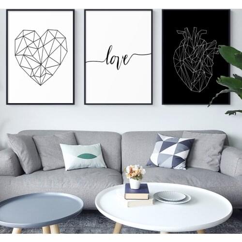 Geometric Heart Black White Simple Wall Art Canvas Painting Nordic Poster and Print Love Pictures for Living Room Home Decor