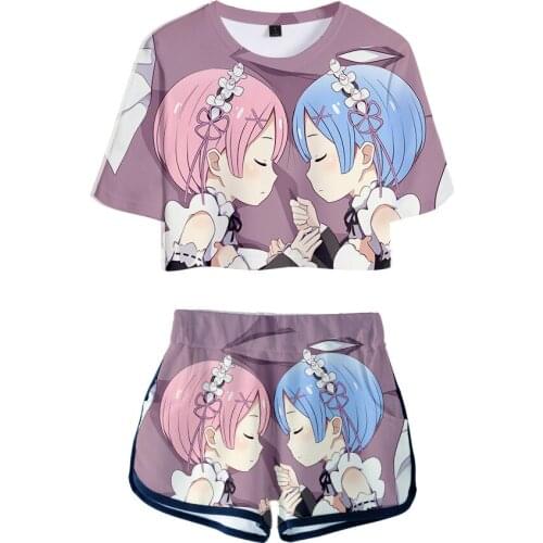3D Two Pieces sets Anime Re:life in a Different World from Zero Short T-shirts & Pants Dew navel Sport Girls summer Short Suits