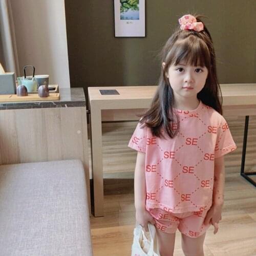New Spring and Summer 2021 Girls Letter Printed Two Piece Suit Toddler Children Cotton Short Sleeve Top + Short Pants Sets