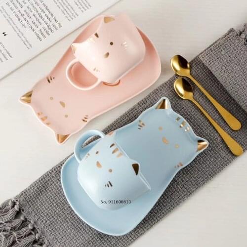 200ML Cartoon Ceramics Cat Mug Set With Saucers Spoon Coffee Milk Mugs Cute Creative Breakfast Drinkware Birthday Gift Porcelain