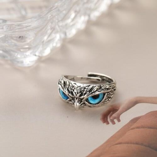 Origin Summer Statement Blue Color Eyed Owl Ring for Women Fashion Open Adjustable Vintage Index Finger Animal Ring Jewellery