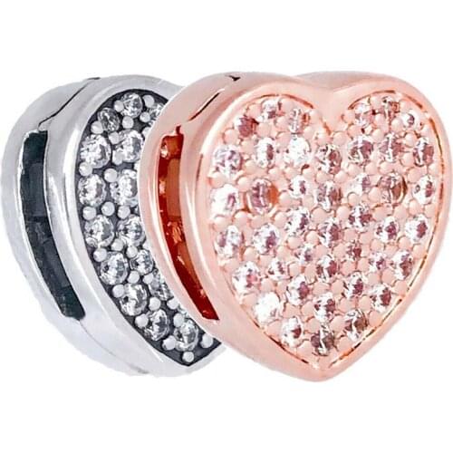 Original Rose & Silver Reflexions Pave Heart With Crystal Clip Beads Fit 925 Sterling Silver Charm Pandora Bracelet Diy Jewelry