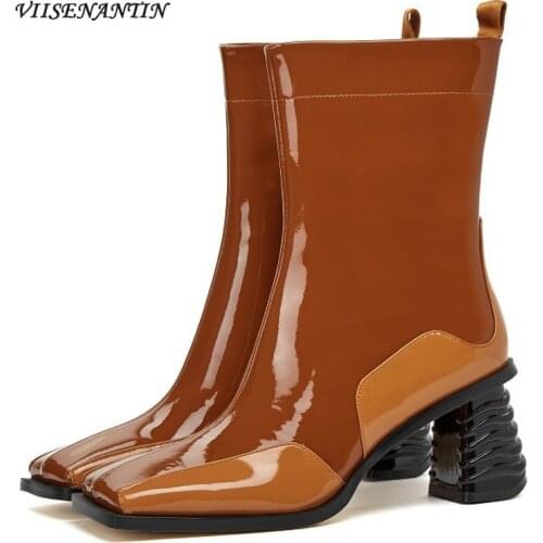 Autumn New Style Retro Square Toe Thick-soled Profiled Heel Side Zipper Cow Patent Leather Color Matching Womens Single Boots