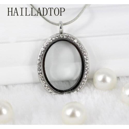 Oval Floating Locket Pendant Long Necklace Rhinestone Charms For Jewelry Making Openable Magnetic Glass Locket Charms Rose Gold
