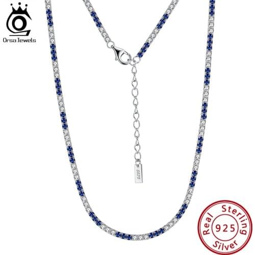 ORSA JEWELS 925 Sterling Silver Italian Tennis Necklace with Clear and Blue CZ Trendy Tennis Necklace for Women Jewelry SC49