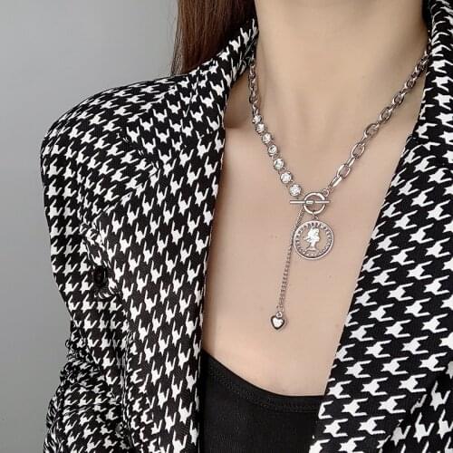 Hiphop Crystal Coin Head Chokers Necklaces for Women Fashion Charms Heart Pendant Necklace Rhinestone Chain Colliers Jewelry